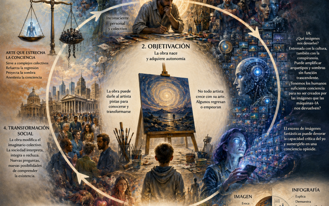 El círculo de la creatividad: el artista humano, la obra y la sociedad.